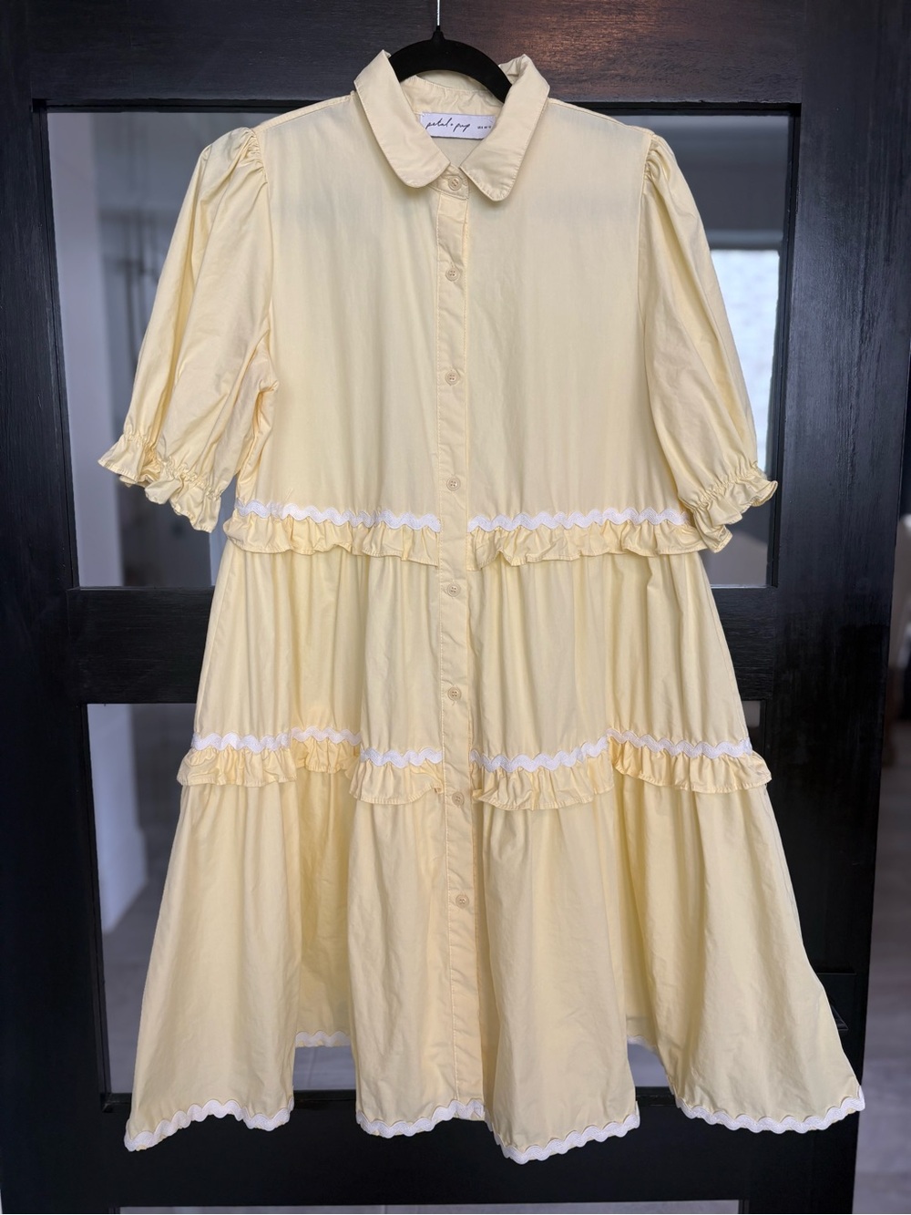 Petal & Pup Shively Puff Sleeve Ruffle Cotton Shirtdress Butter Yellow - Size 8 - Picture 2 of 10